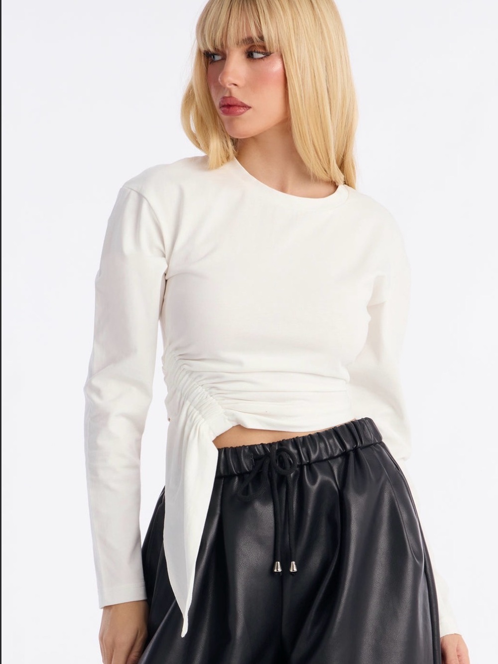 Fashion Nova Ruched Long Sleeve Side-Tie Top